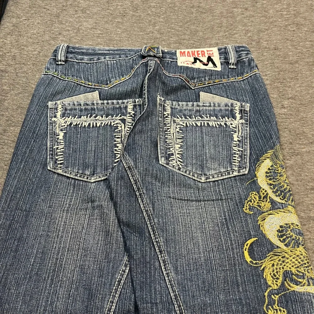 Maker Net Dragon Embroidered Wide Leg Skater Jeans Blue Denim 32x30 Y2K Baggy